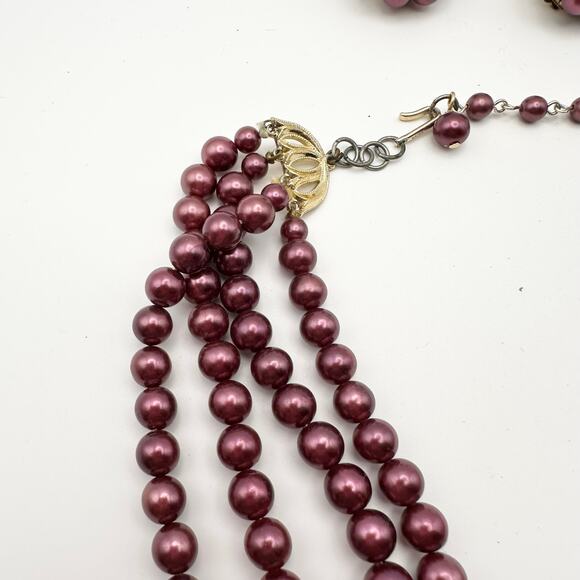 Vintage Japan Purple Metallic Round Bead Four Strand Necklace Clip Earrings Set - Picture 2 of 6